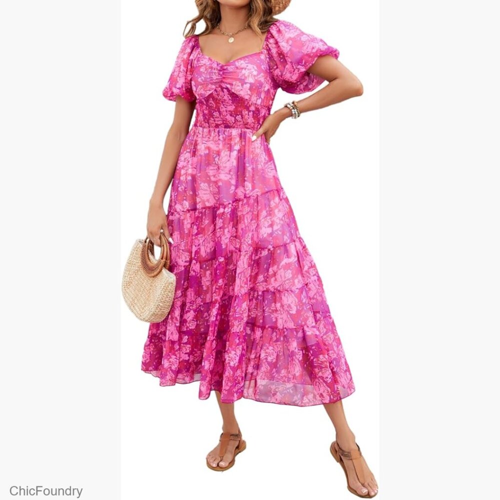Floral Maxi Dress Puff Sleeve V Neck Smocked Boho Casual Summer